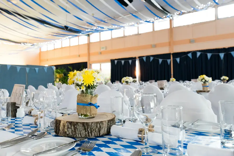 A banquet room set for an event